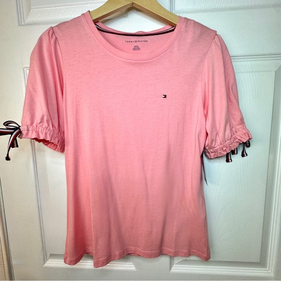 NWT Tommy Hilfiger Pink Blush Striped Bows Drawstring Cuffs Short Sleeved Top - Picture 5 of 14